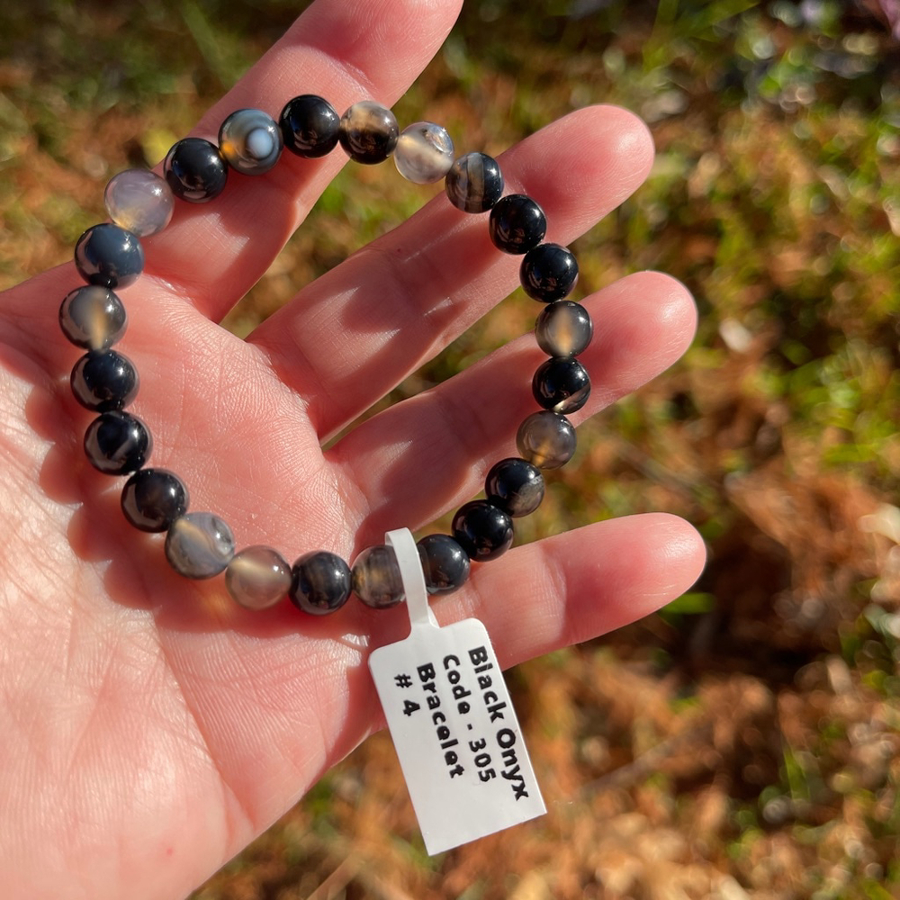 NWT Natural Black Gray Onyx Beaded Elastic Bracelet